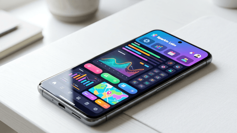 Smartphone displaying a modern app interface on a clean desk